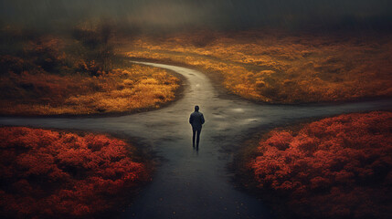 Man walking at the crossroads and choosing which way to go, on a dark and gloomy day. Concept of uncertain future and making decisions and choices in life. - obrazy, fototapety, plakaty