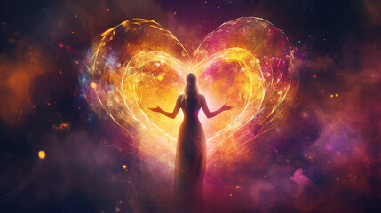 Woman creating a glowing heart made of light and energy. Spiritual love, romance, and Valentine Day concepts. Colorful artistic background.