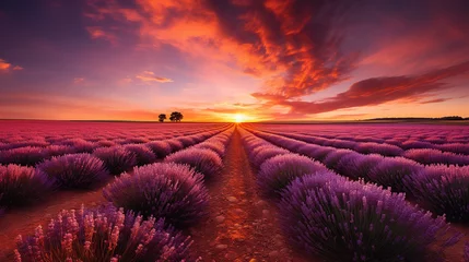 Zelfklevend Fotobehang Sunset over endless lavender fields. Created with Generative AI © Yevhen