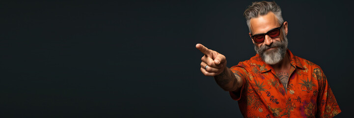 middle age man wearing casual clothes pointing with finger and hand looking to the camera against a grey background. Banner design with space for text