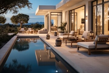 Fototapeta premium The outdoor space of a luxurious cozy home with pool, minimal decor, Great views.