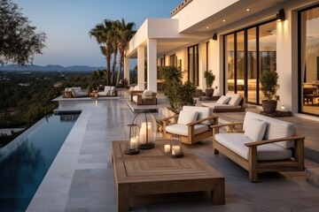 The outdoor space of a luxurious cozy home with pool, minimal decor, Great views.