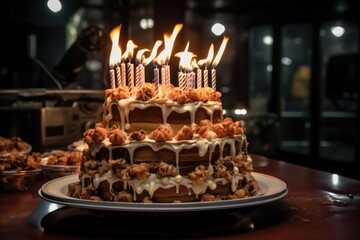 Fototapeta na wymiar An unexpected birthday cake adorned with lit candles