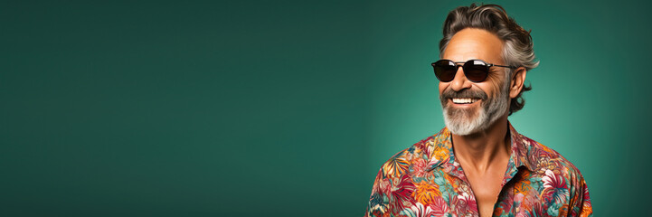middle age man smiling wearing infromal clothes wearing sunglasses against a green background. Banner design with space for text