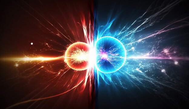 Blue and red particles colliding and exploding in dark space. Matter and antimatter collision. Artist&rsquo;s representation.