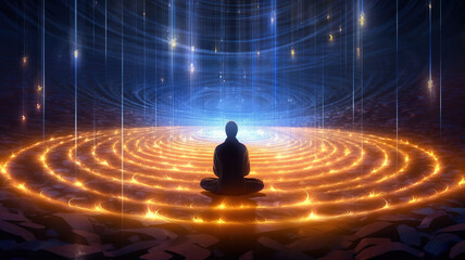 Silhouette of a person meditating inside a glowing circle of light. Spiritual practice, awakening the power of the mind.