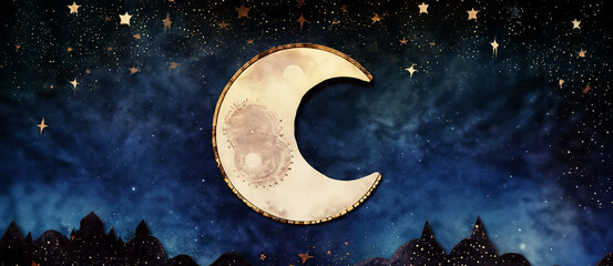 grande spicchio di luna dorato in un cielo scuro e distante, paesaggio notturno - obrazy, fototapety, plakaty