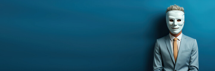 young businessman wearing a white mask standing in the right side of the image leaving copy space against a blue background. Banner design with space for text