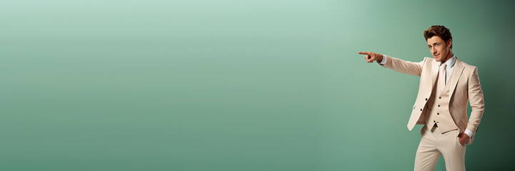 young business man pointing to something in front a green seamless background. Banner design with space for text