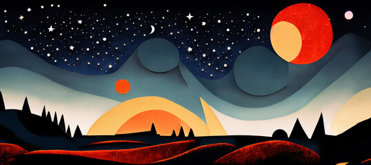 illustrazione paesaggio notturno, cielo stellato con lune e pianeti e colline