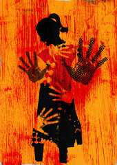 Stop violence against women, victim of sexual violence.
 Grunge stylized young woman silhuette with arms in defensive position and hand prints on the body. - obrazy, fototapety, plakaty