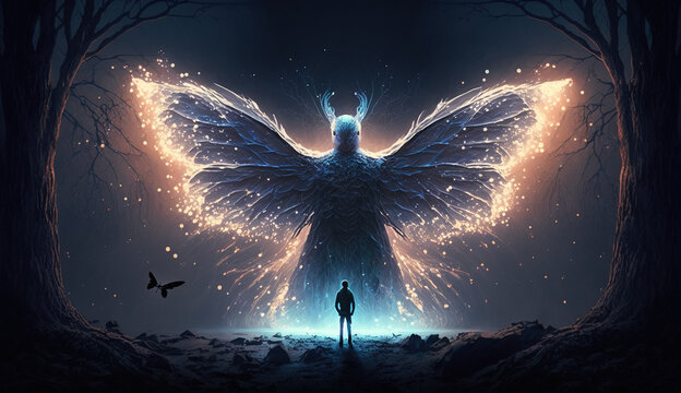 Person in the forest encountering a huge mothman creature with glowing wings. Mystical monster in the woods.