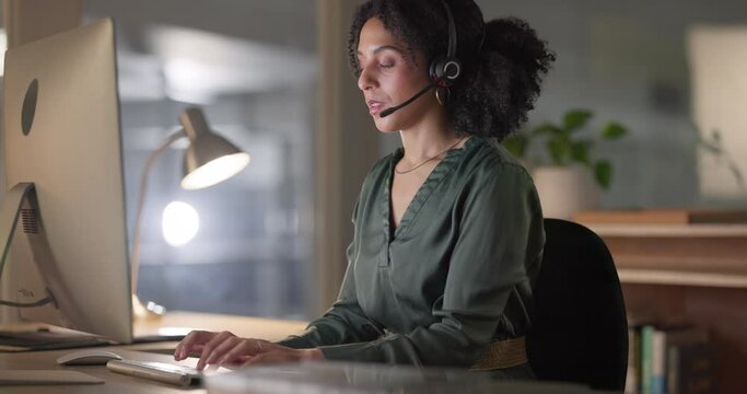 Business woman, computer and call center for night support, web communication and customer service in office. Professional consultant or agent speaking, typing and helping in virtual chat or contact