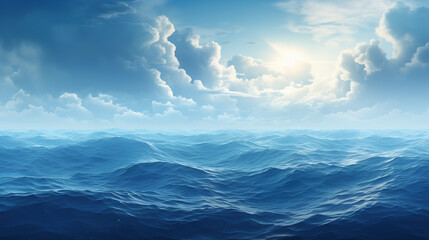 Endless ocean with big waves and sunlight shining through the clouds. Marine background.