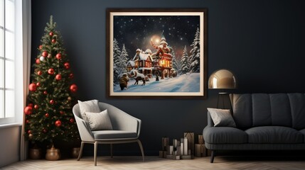 A magical Christmas Eve wall mockup with Santa's sleigh and a starry night, framed to capture the enchantment of the holiday season.