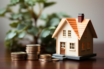 Small house with money and plant on brown table. Investment, home loan , mortgage concept.
