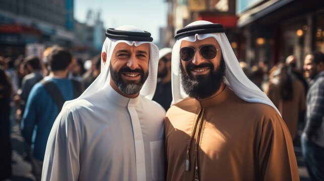 Two Arab man stand at city street.