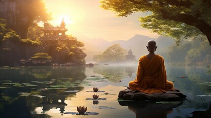 A meditating monk beside a shimmering pond, reflecting the Buddha's teachings.