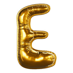 Realistic gold font 3D render - letter E. Inflated Balloons gold foil letter. Illustration isolated on a transparent background.