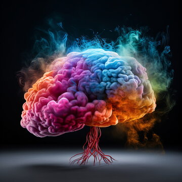 Human brain colorful explosion with smoke. Isolated in black background. 