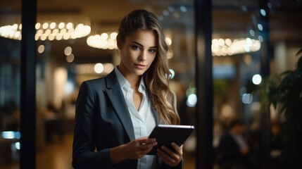 Young female entrepreneur answering an electronic form in her tablet in office.