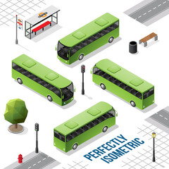 Green Isometric Bus from the Front Back Right and Left