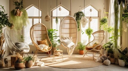 A metal pole is adorned with numerous macrame plant hangers that are filled with potted plants and indoor houseplants. Wicker egg chairs and boho basket wall art are used to give the warm