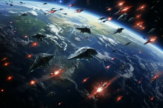 Illustration showing fighter ships in laser battle above Earth. Generative AI