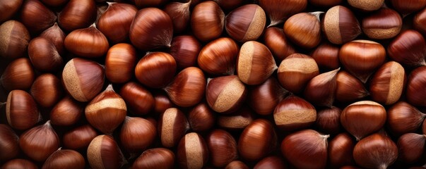 Many chestnuts together, panorama. Generative Ai.