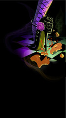 Halloween witch skull high heel shoe crushing pumpkin with purple, green, orange magic Instagram story invitation
