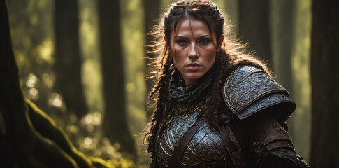 A cinematic portrait of a fearless warrior ranger in the forest, clad in leather armor, ready for epic battle. Ideal for fantasy movie covers and character designs..