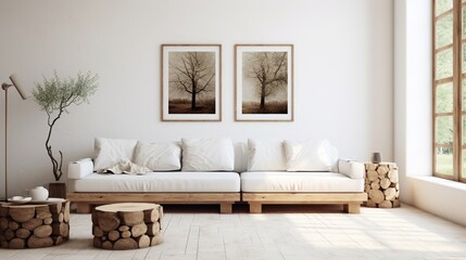 A minimalist Scandinavian-style living room with white walls and natural textures.