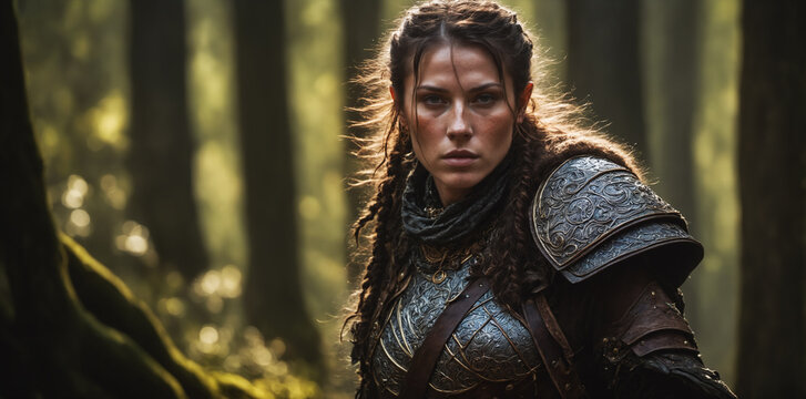A cinematic portrait of a fearless warrior ranger in the forest, clad in leather armor, ready for epic battle. Ideal for fantasy movie covers and character designs..