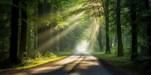 Obraz premium Wandering Through the Woodlands: A Tranquil Journey on a Sunlit Forest Path