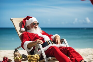 Santa Claus relaxing on tropical beach. He is lying on a sunlounger, sipping a cocktail, and...