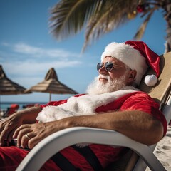 Santa Claus relaxing on tropical beach. He is lying on a sunlounger, sipping a cocktail, and enjoying the sunshine. Perfect for creating Christmas cards, posters, or other holiday themed designs.