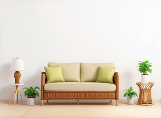 The image showcases a welcoming living room with a wooden couch against a white wall, adorned with two green pillows, and two potted plants
