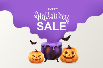 Halloween sale. Witch's cauldron with poison and scary pumpkins. Monsters. Festive design. 3D vector illustration.