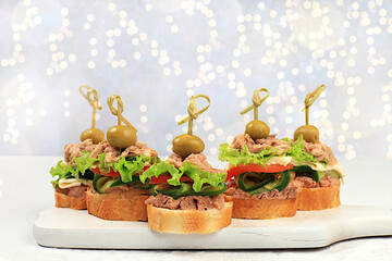 Christmas and New Year's dishes, a set of snacks for the festive table. Canapes of tomatoes, pate,...