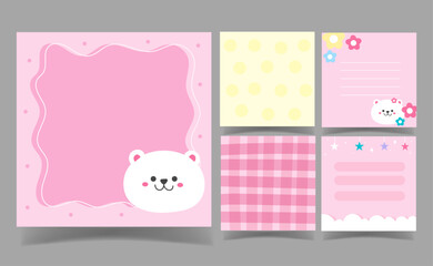 cute pink and bear cartoon with pastel color background. memo template.