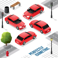 Red Isometric Long Car from Front Back Right and Left