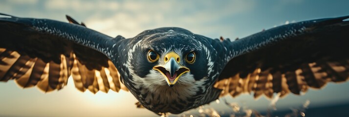 A detailed close-up of the eye of a peregrine falcon