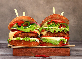 Two double cheeseburgers with fresh lettuce, tomato, cream cheese, cucumber, onion, chili pepper and cutlet on an old wooden board, food delivery concept, menu and advertising for cafe and restaurant,