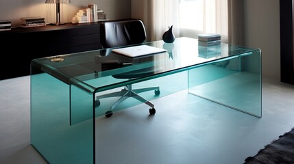 A modern home office with a sleek, glass-topped desk.