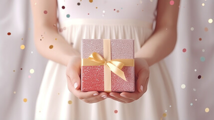 Fototapeta na wymiar Woman hands holding a color giftbox with a ribbon