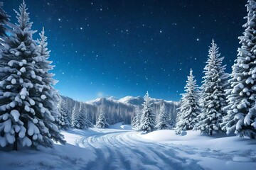 Beautiful winter landscape with snow covered trees at night