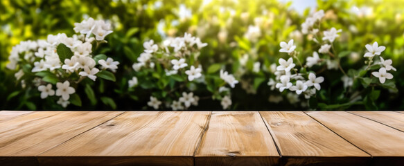 Empty rustic old wooden boards table copy space with jasmine trees or shrubs in background. Product...