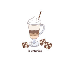 Coffee break crema latte macchiata in a glass with straw and chocolates vector illustration isolated on white. Groovy coffee print.