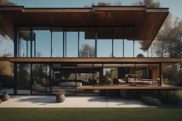 Mid-century modern house with a flat roof and floor-to-ceiling windows - AI Generative