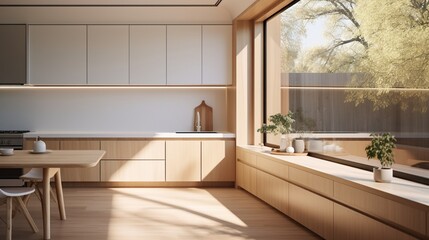 A narrow, elongated window allowing light into a modern kitchen.
